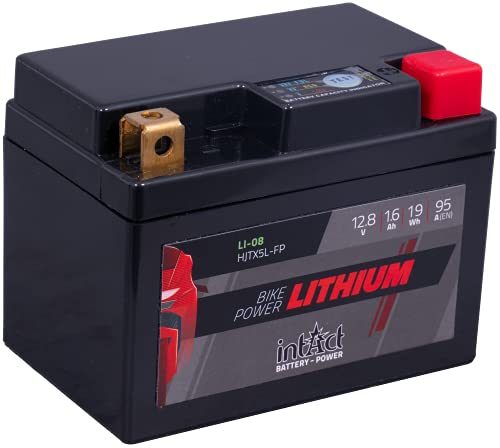intAct - BATTERIE MOTOCYCLE LITHIUM | Batterie pour scooter, moto etc. Jusqu'à 75% de gain de poids | Bike-Power LI-08, HJTX5L-FP, batterie 12,8V, 1,6 AH (c10), 19 Wh, 95 A (CCA) | Dim: 113x70x85mm