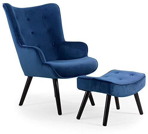 Menzzo Fauteuil Scandinave Bleu avec Pouf Repose Pied Salon | Revêtement Velours | Pieds en Bois | Assise Moelleuse et Confortable | Modèle Lylou | L64 x P48 x H100 cm | Hauteur Assise 42 cm