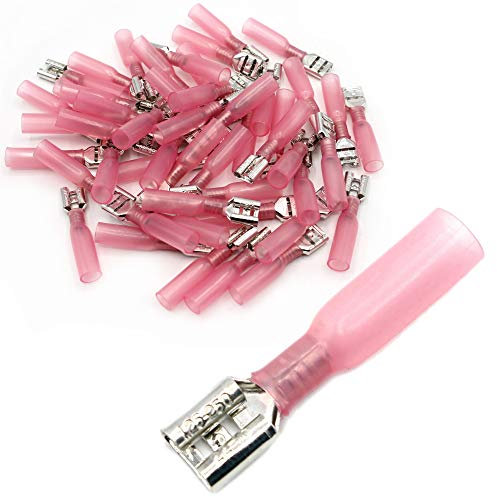 Flachstecker Flachsteckhülsen Kabelschuh mit Schrumpfschlauch vollisoliert oder teilisoliert Steckverbinder Weiblich Steckbreite 6,3 mm rot 0.5-1.5mm² (100 Stück, Rot: Flachsteckhülsen/teilisoliert)