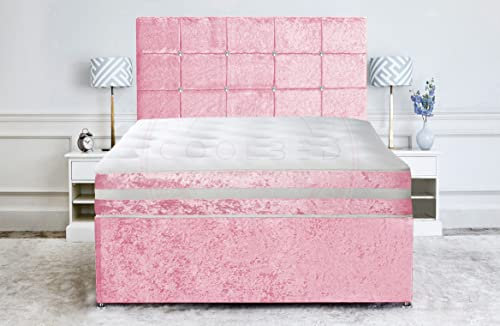 COOL BED Double Divan Bed with Mattress and Headboard - Upholstered Durable Bed Frame with Optional Storage Drawers (PINK, 4FT6 O DRAWERS)