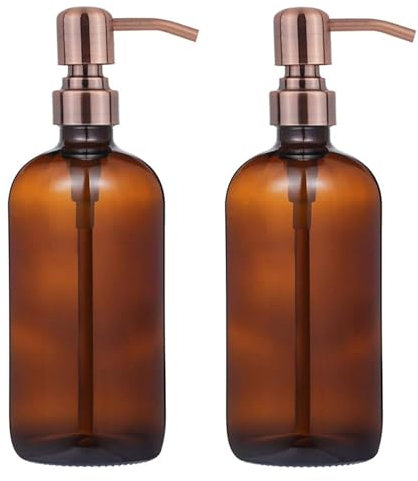 2 Stück dickes bernsteinfarbenes Glas Pint-Glas Seifenspender mit Kupfer-Edelstahlpumpe, 473 ml Boston runde Flaschen Spender mit rostfreier Pumpe für ätherisches Öl, Lotionseife
