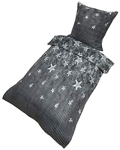 Buymax Fleece Bettwäsche 135 x 200 cm 2 teilig Plüsch Winterbettwäsche Kuschel Thermo Fleece Kopfkissenbezug 80x80 cm Cashmere Touch, Muster Sterne Star, Farbe Grau Anthrazit