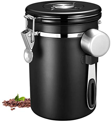 J-MOOSE Boîte à café hermétique - Conservation du Cafe et de Toutes Ses Saveurs 1.8L Acier Inoxydable - avec Cadran Dateur et Cuillère Doseuse Offerte,pour Café en Grains, Noix et Sucre (Noir, 1.8L)