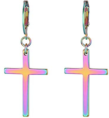 Flongo Herren Ohrstecker Creolen Damen Ohrringe aus Edelstahl Silber Schwarz Rose Gold Blau Bunt Stecker mit Kette Kreuz Anhänger Jahrgang Männer, Frauen