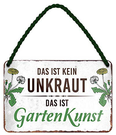 Das ist kein Unkraut das ist Gartenkunst - witziges Metallschild mit Kordel und Saugnapf - lustiges Retro Deko Hängeschild - Dekoration für Balkon Terrasse Garten Schrebergarten Haustür - 18x12cm