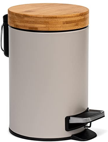 Kazai.® 3l Design Kosmetikeimer | Bad-Mülleimer mit Bambus-Holzdeckel und Absenkautomatik | Mit Anti-Fingerabdruck und Komfort-Pedale | Taupe (Hell)