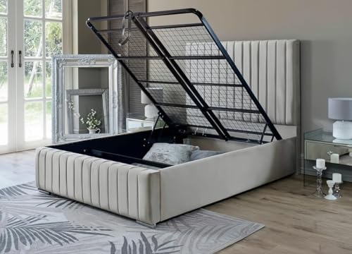King Size Ottoman Bed| 5ft King Size Storage Bed with Gas Lift Up Heavy Duty Mesh Frame, Upholstered Base and Headboard (Beige)