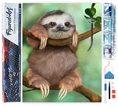 Figured'Art Diamond Painting Erwachsene 40x50cm Ganze Leinwand gerollt Faultier auf einem Ast 5D Bilder Eckige Steine - DIY Set Basteln