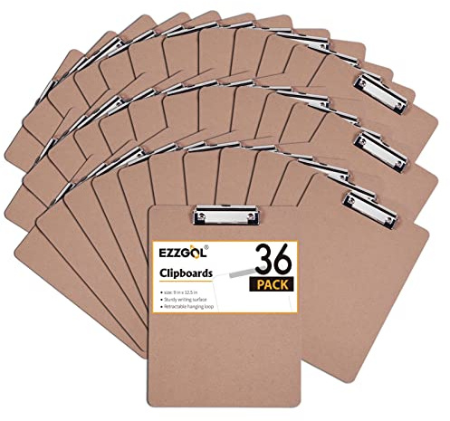 Clipboards Bulk, EZZGOL 36 Pack Letter Size Wood Clipboards, Low Profile Clip, Recycled Hardboard Clipboard with Hang for School Classroom Home