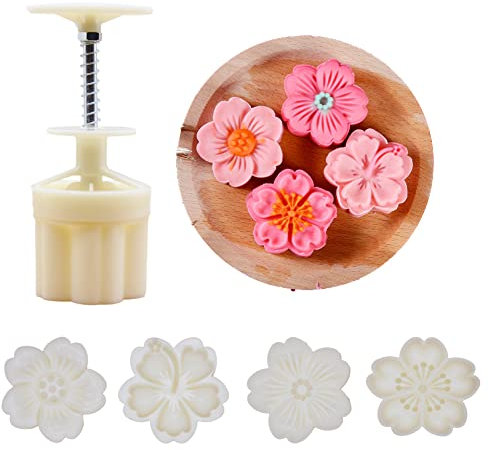 Ylskmu Mondkuchenform Set 4pcs 75g Keksstempel Kirschblüten Blumen Mitte Herbstfest DIY Handpresse Ausstechform Dessert Ausstecher Dekoration Blumenabdrücke Werkzeug Mooncake Maker