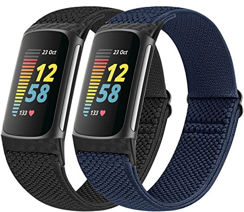 Vodtian Elastic Straps Only Compatible with Fitbit Charge 6/ Charge 5 Strap, 2 Pack Stretchy Adjustable Nylon Loop Braided Replacement Sport Wristband for Charge 5/Charge 6 Activity Tracker Women Men