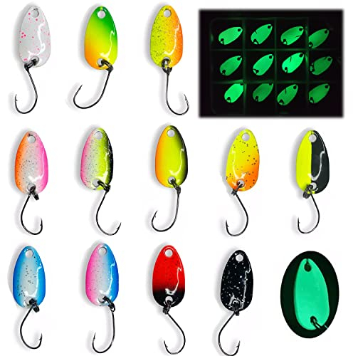 Njord Kalastus Glow Spoon Set | Leuchtende und UV Aktive Forellen Spoon Set 12 Stück+Box | Extreme Leuchtkraft durch Speziallack | Forellen Köder Set | Spoons Forelle