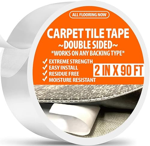 Carpet Tile Tape Double Sided Extreme Strength Commercial Grade 2 in x 90 ft Flooring Adhesive Works On Any Backing Type Carpeting Rugs Vinyl Laminate Rubber Turf Athletic Mat Floor, White