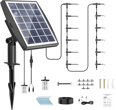 JIYANG Solaire Arrosage Automatique Pour Jardin, Kits d'arrosage Automatiques Goutte à Goutte, 10m Tuyau, Supporte 10 à 15 Pots, 6 Modes de Chronométrage, Avec Dispositif Anti-siphon