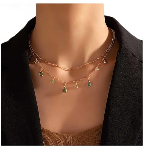 Inilbran - Gargantilla bohemia con capas de esmeralda, collar colgante de cristal verde, gargantilla de esmeralda con forma de lágrima, collar de gargantilla de cristal con gota de agua dorada