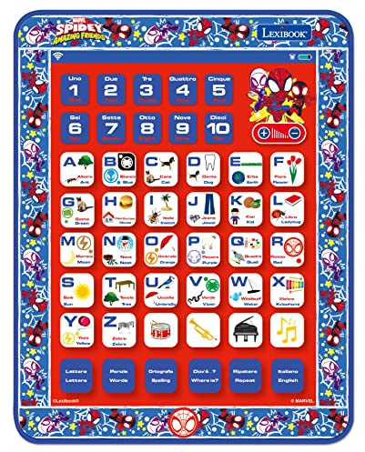 Lexibook, Spidey e i Suoi Fantastici Amici, Tavoletta didattica bilingue, Giocattolo per Imparare Lettere Alfabeto Numeri Parole ortografia e Musica, Inglese/Italiano, Blu/Rosso, JCPAD002SPi5