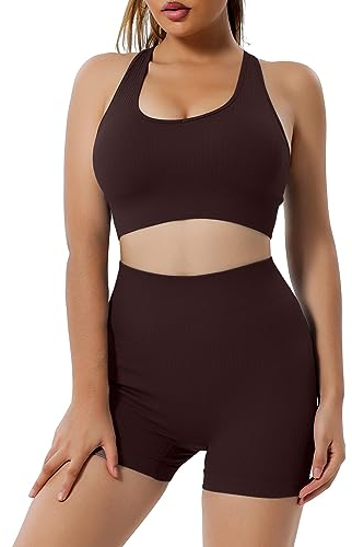 Heersan 2 Teilig Trainingsanzug Damen, Nahtlose Gerippt Sport-BH und Hohe Taille Leggings Gym Kleidung Set, Frauen Yoga Outfit Freizeitanzug Sportswear, Jogginganzug Pilates Zumba Tennis Sportanzüge