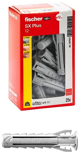 Fischer 25 Tasselli SX Plus 12x60 mm per Muro Pieno, Mattone Forato, Muratura, Calcestruzzo, per il Fissaggio di Lampadari, Mobili, Pensili, Mensole, 567612