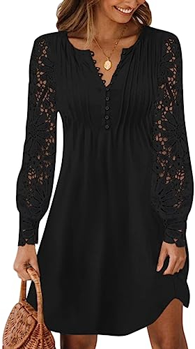 Minetom Dentelle Robe Femmes Élégante Col V Mini Robe de Vacances Plage Soirée Fête Casual Tunique Shirt Robe A Noir L