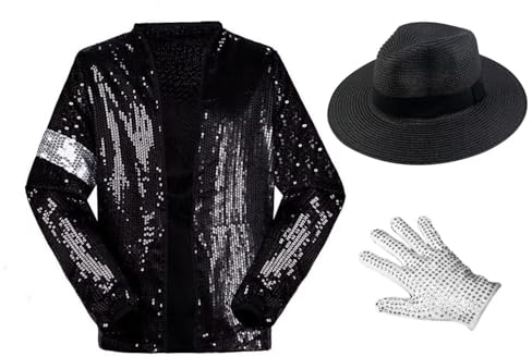 Shuanghao Kostüme Anzugjacken Jacket Top+Hat+Glove 3PS für Erwachsene Kinder Weihnachten Halloween Cosplay Puppe Partys Tänze Retro Punk Männer Frauen Mäntel Outfits Kleidung (Schwarz 160cm)