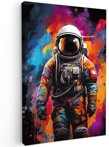 MuchoWow© Bilder 60x90 cm Wohnzimmer Deko Modern Wandbild Foto auf Leinwand Bild Schlafzimmer Room Decor Geschenke Banksy - Street Pop Art - Astronaut - Graffiti - Schwarz - Farben