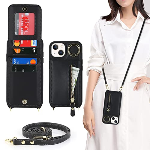 CAVOR Handykette Handyhülle Kompatibel mit iPhone 14/13 Hülle Mit Band,Flip Leder Geldborse Hülle,[4 Kartenfach][Mit Ring][Reißverschluss],Handytasche zum Umhängeband - Schwarz