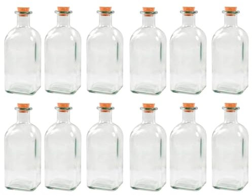 Acan Tradineur - Pack de 12 botellas de cristal, frascas con tapón de corcho, recargable, con diseño tradicional, capacidad 1 litro, licores, vino, aguardiente