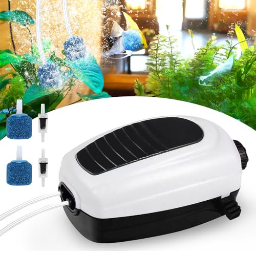 Aquarium Luftpumpe, 3.5W Regelbar Aquarium Sauerstoffpumpe, Leise Sauerstoffpumpe 2 Luftlöchern, Aquarienluftpumpe mit Luftsteinen und Rückschlagventilen, Sauerstoff Luftpumpe für Hydroponisc Aquarium
