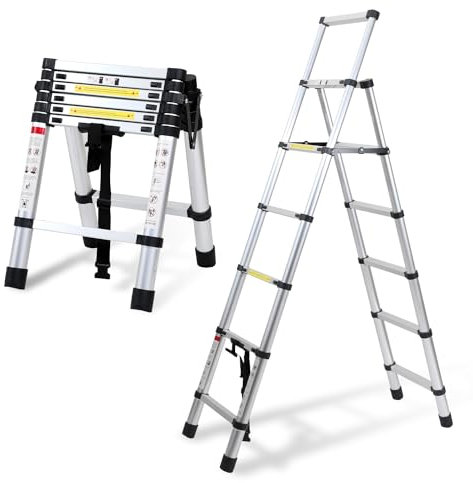 Daromigo Teleskopleiter Klappleiter 1.7m+2.0m, 5+6 Stufen Ausziehbare Leiter, Mehrzweckleiter Rutschfester Aluleiter Stehleiter Aluminiumleiter, Teleskop Klappleiter bis 150 kg Belastbarkeit