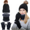 BDSHUNBF Mütze Damen Winter, Winter Strickmütze Schal Handschuhe Set, Warme Bommelmütze Unisex Strickmütze, Wintermütze mit Kunstfell Bommel 56-59CM
