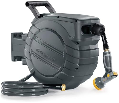 GLAHODEN 1/2 in x 65 ft Retractable Garden Hose Reel with Automatic Rewind | Wall Mount, Dual Ratchet Lock, UV Resistant, Anti-Tangle, 180° Swivel, 3/4“ Brass Fitting, Easy to Assemble, 9 Spray Pattern
