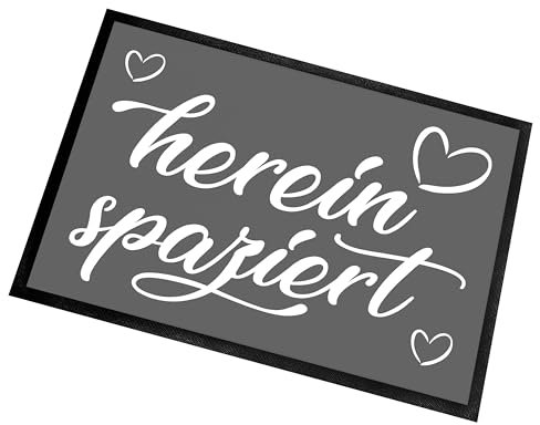 Herzbotschaft Fußmatte | Türmatte mit Spruch | 60x40cm | hereinspaziert | für innen und außen | Vorleger für die Haustür/Flur | Geschenk zur ersten Wohnung | Einweihung | Made in Germany