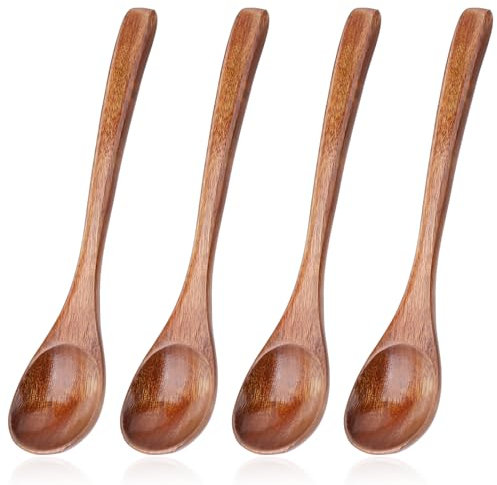 cobee Lot de 4 petites cuillères en bois à long manche - Cuillères à soupe - Ustensiles de cuisine - Cuillère en bois - Pour la maison, la cuisine, le restaurant