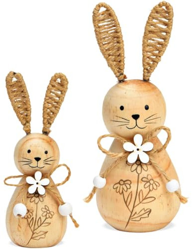 Moderne Osterhasen Dekofiguren Holz Set 10 cm & 15 cm - Landhausstil Osterdeko Hasen mit Blumen als Wohnzimmer, Schlafzimmer oder Flur Deko - Lustige Figuren für Innen als Frühlingsdeko im Boho Style