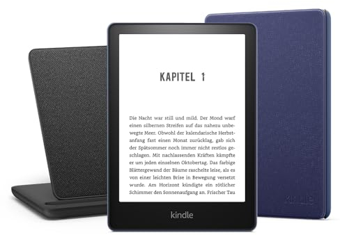 Kindle Paperwhite Signature Essentials Bundle mit einem Kindle Paperwhite Signature Edition Denimblau (32 GB | ohne Werbung), einer Amazon Lederhülle und einem kabellosem Ladedock „Made for Amazon“