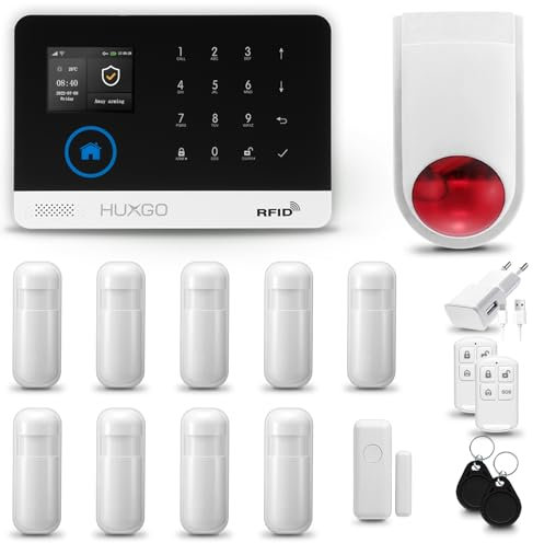 HUXGO® HXA003 Sistema di allarme casa senza fili con radio Sirena esterna WiFi + GSM | Impianto allarme casa kit con 1x sensori di allarme per finestre/portes, 9x rilevatori di movimento