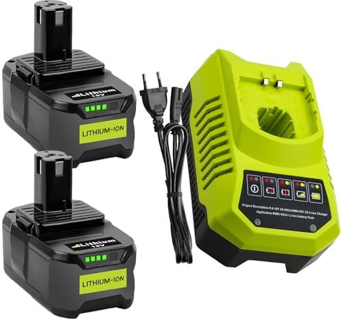 Moticett 2 x 18V 5.5Ah Batteries de Rechange (avec Chargeur) Remplacement pour Ryobi 18V Batterie + 9.6V-18V 3A Chargeur pour Ryobi Outils électriques P106 P107 P108 P102 P103 Auto-LED