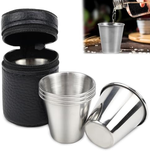 TYBYBB Schnapsbecher Edelstahl 4 Stück Edelstahlbecher 30ml Klein Edelstahl Becher Schnaps, Schnapsgläser Stapelbare Trinkbecher Metallbecher mit Lederetui für Wandern Camping Outdoor Urlaub