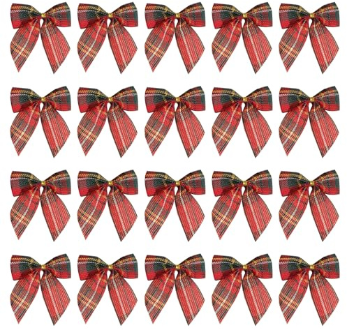 RmKbe 20 fiocchi a quadri in tartan rosso, decorazioni natalizie a quadri, mini fiocchi a quadri, per interni ed esterni, decorazione per la casa per fai da te, decorazioni per albero di Natale