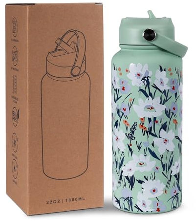 Goetland Fleur Gourde Inox 1l Isotherme Bouteille D'eau avec Paille et Ouverture pour Boire Adulte Femme Sport Personnalisable Étanche Sans BPA Reutilisable Vert Clair