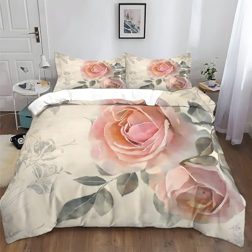 Vintage Roses Duvet Covers Single Beige Quilt Cover Warm Bedding Set 3 PCS With Pillowcases Ultra Soft Anti Allergic Non Iron Microfiber for Children Adults