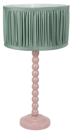 ValueLights | Rose Pink Bobbin Stem Table Lamp with Green Ruched Pleated Shade Living Room Bedroom Light | Table Lamps, Home Décor & Improvement Essential | Included LED Bulb