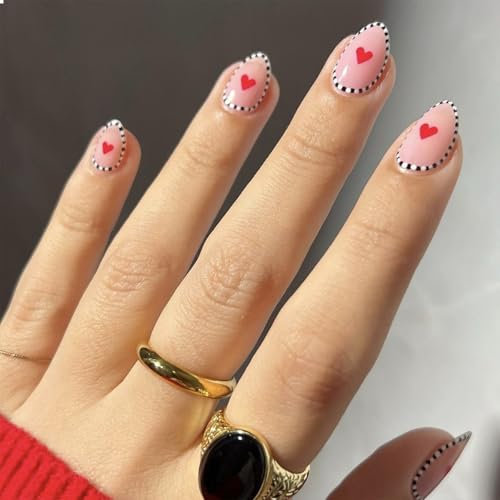 GlamRays 24 Stück Valentins-Press-On Falsche Nägel Mandelförmige French Tip Press-On Nägel mit Zebra-Streifen Herz-Design Valentinstag Klebernagel Vollumfängliche Herz-Form