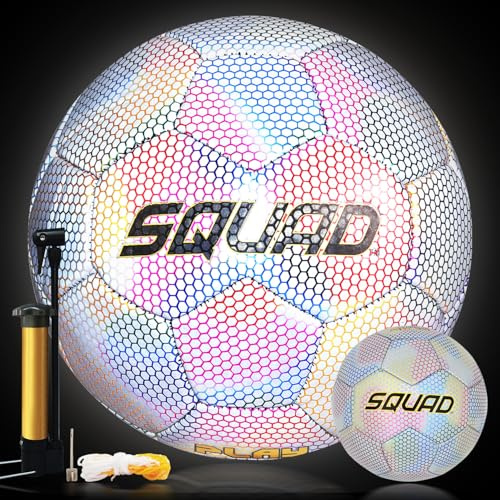 SQUAD Leuchtender Reflektierender Fußball Offizielle Größe 4 & 5, Holografisch Leuchtend im Dunkeln Fußball für Drinnen und Draußen - Ideal für Klein & Groß Fußballtraining Nachtspiele