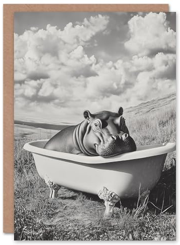 Artery8 Greeting Card Baby Hippo in Bathtub Black White Surreal Blank For Him Or Her Art Birthday Card