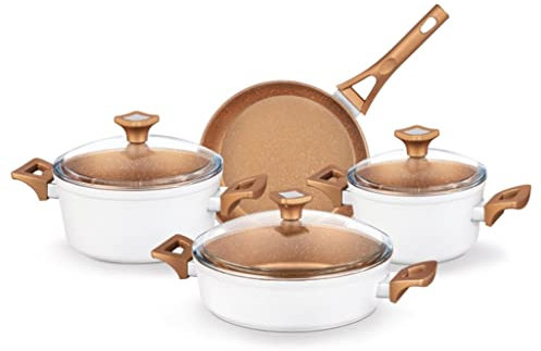 QTYQWC 4 Pans 7 Piece Set Nonstick Pan Casserole Milk Pot Granite Look Cookware Set with Glass Lid