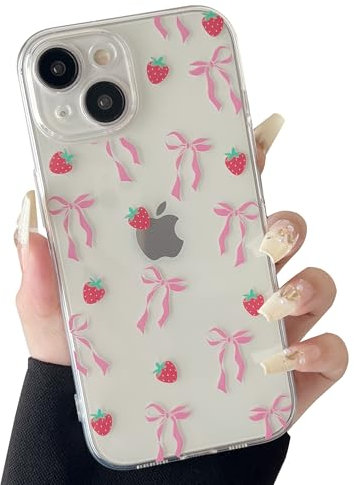 ZTOFERA Clear Case for iPhone 14, Cute Strawberry & Ribbon Bowknot Pattern Design Aesthetic Transparent Phone Case Soft Flexible TPU Shockproof Protective Cover for Women Girls - Rosy Ribbon