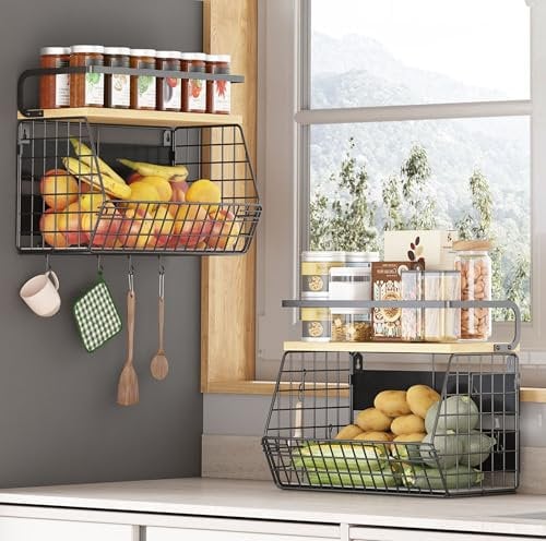 UMDONX 2 Pack Magnetic Fruit Baskets Kitchens Vegtable Storage Rack 2 Tier, Large Hanging Fridge Shelf Unit for Spice Veg Onions and Potatoes - Durable Metal Wooden Top Black