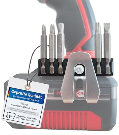 Genisys Bithalter kompatibel mit Einhell Akkuschrauber und passend für Parkside Bohrmaschine - mit Gürtelclip-Haken-Befestigungsmöglichkeit, Größe:Links (auf Klammer)