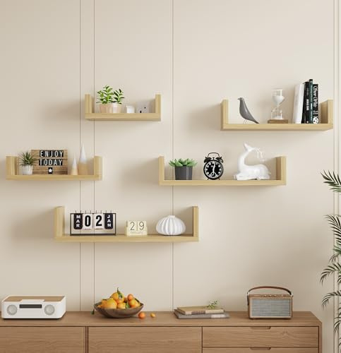 AVC Designs Floating Shelves Set Of 5 Wall Mounted Decorative Wall Shelf For Living Room, Bathroom, Kitchen, Office (Oak)